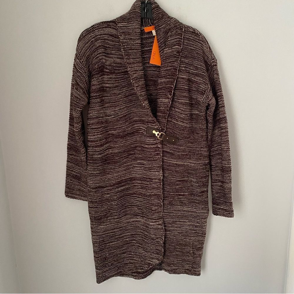 One A Brown Marled Open Cardigan with Toggle Closure